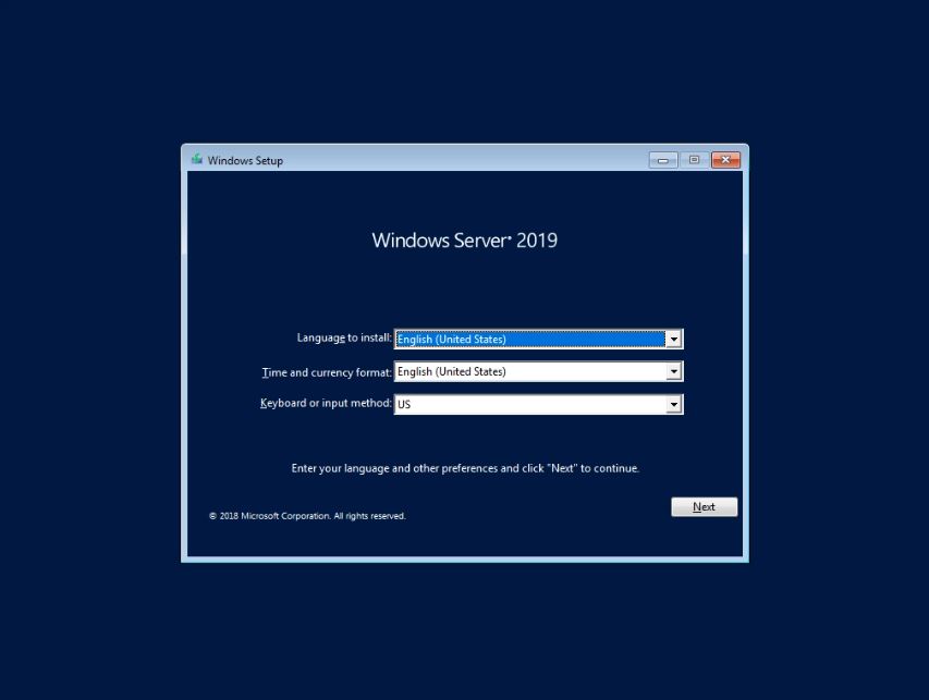 Chọn nguôn ngữ, múi giờ của Windows Server 2019