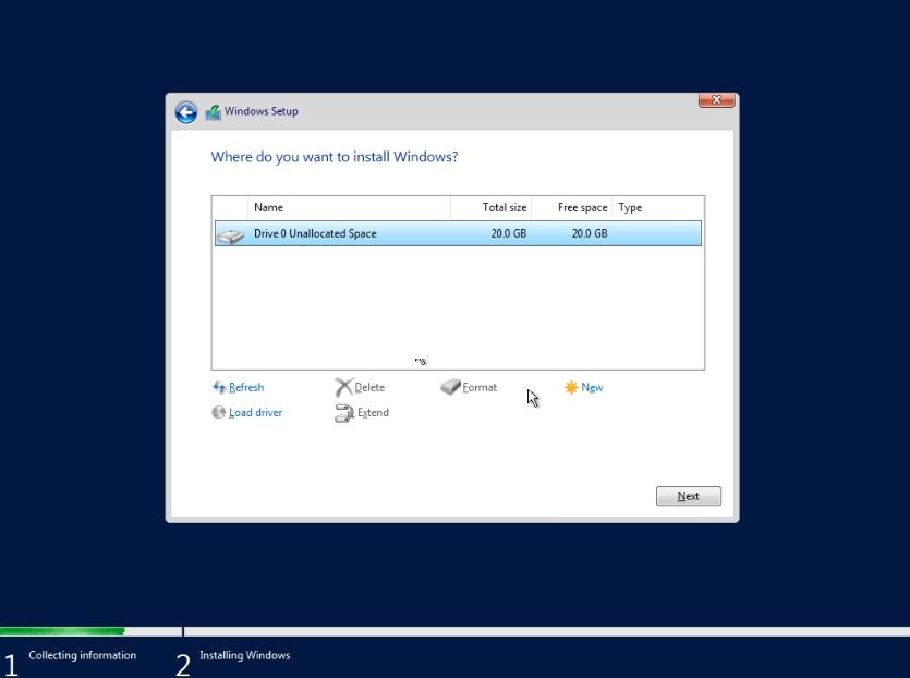 Phân vùng ổ đĩa để cài đặt Windows Server 2019 mới