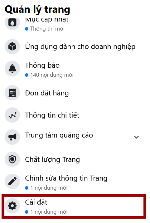 Chọn vào mục Cài đặt ở phần Quản lý trang