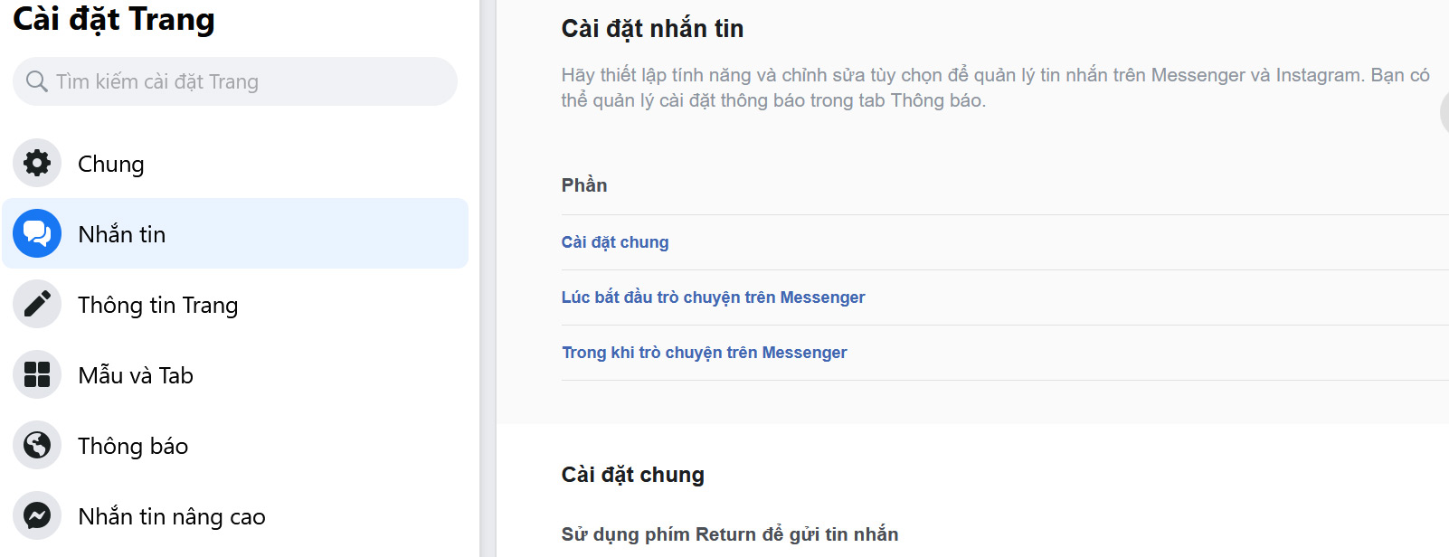 Chọn mục Nhắn tin ở phần Cài đặt Trang