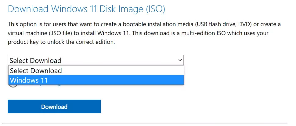 Chọn Windows 11 tại mục Download Windows 11 Disk Image (ISO)