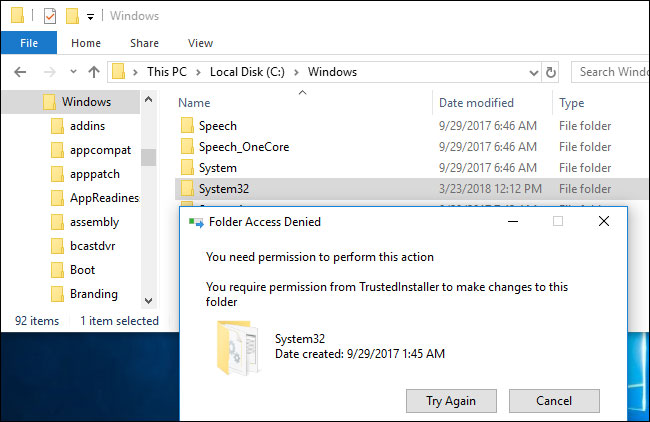 Thông báo Folder Access Denieed xuất hiện khi bạn cố gắng xóa folder System32