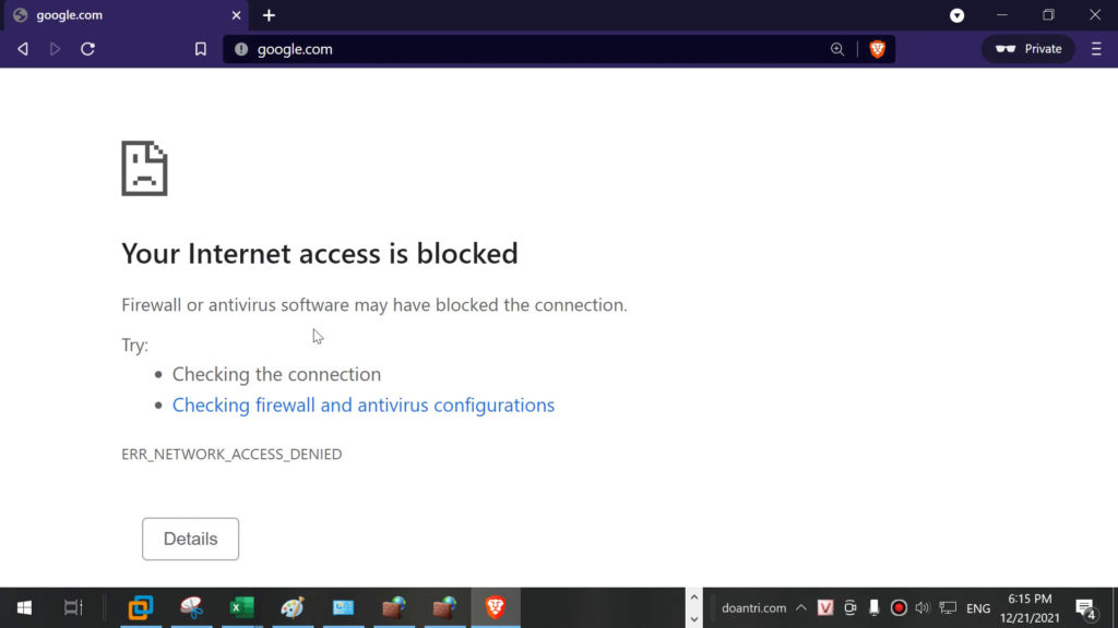 Trình duyệt Brave bị chặn kết nối Internet 