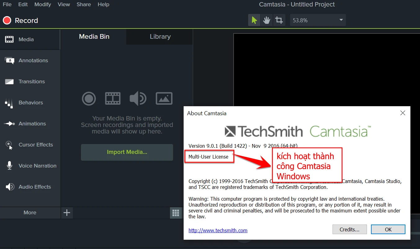 Kích hoạt Camtasia cho Windows thành công